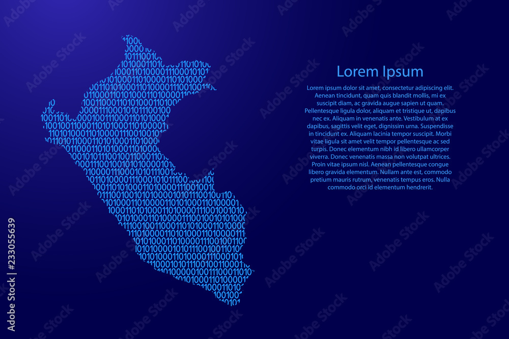 Peru map abstract schematic from blue ones and zeros binary digital code with space stars for banner, poster, greeting card. Vector illustration.