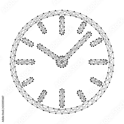 Watch dial with hands from abstract futuristic polygonal black lines and dots. Vector illustration.