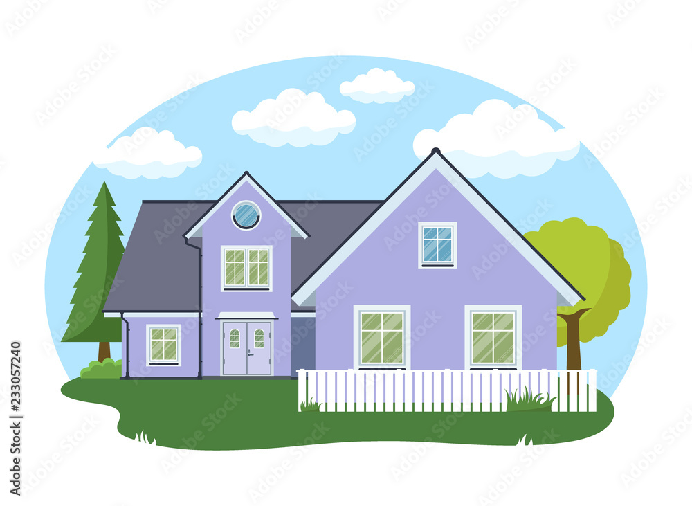 Cartoon house exterior with blue clouded sky Front Home Architecture Concept Flat Design Style. Vector illustration of Facade Building.