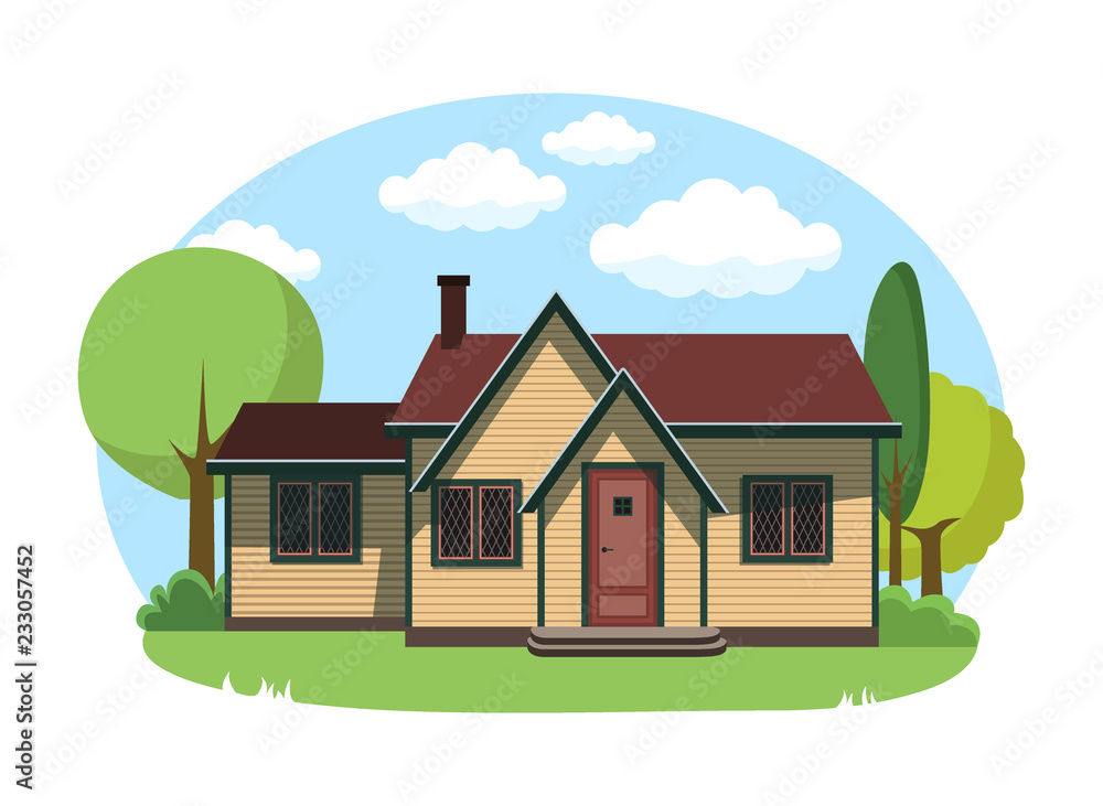 Cartoon house exterior with blue clouded sky Front Home Architecture Concept Flat Design Style. Vector illustration of Facade Building.