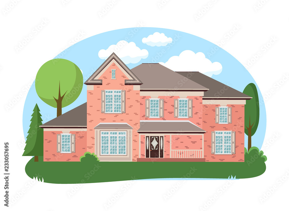 Large house villa in flat style House exterior with blue clouded sky Front Home Architecture Concept Flat Design Style. Vector illustration of Facade Building.