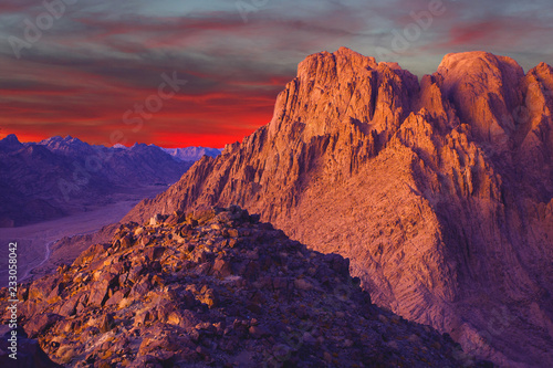 Amazing sunrise at Sinai Mountain, beautiful dawn in Egypt, Moses mountain © Mountains Hunter