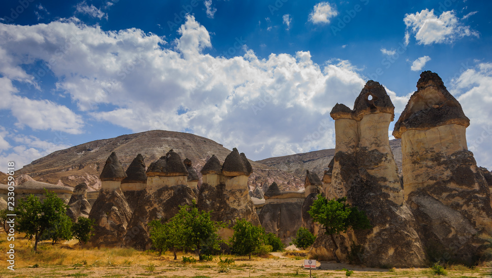 Obraz premium View from the structure of Cappadocia. Impressive fairy chimneys of sandstone in the canyon near Cavusin village, Cappadocia, Nevsehir Province in the Central Anatolia Region of Turkey. Overcast sky.