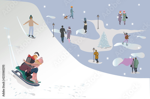 Set of people having rest in the park in winter. Active leisure outdoor activities. Colorful vector illustration. 