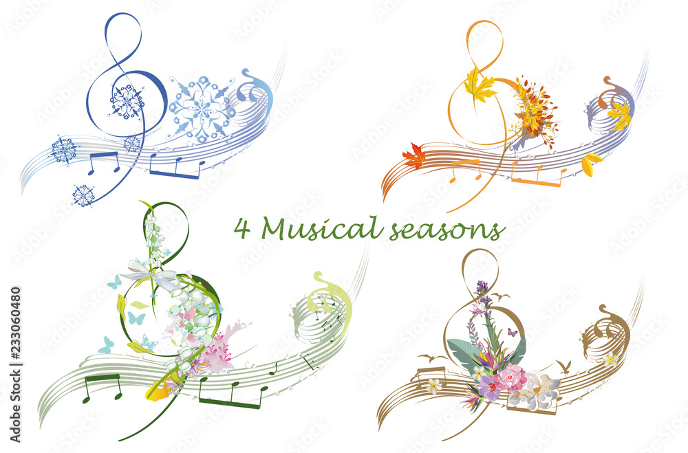 Obraz premium Abstract treble clef decorated with summer, autumn, winter and spring decorations: flowers, leaves, notes, birds. Hand drawn musical vector illustration.