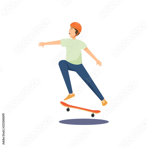 Young guy in a helmet rides a skateboard and performs various difficult stunts.