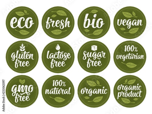 Gluten, lactose, sugar, gmo free lettering. Sign 100% organic food