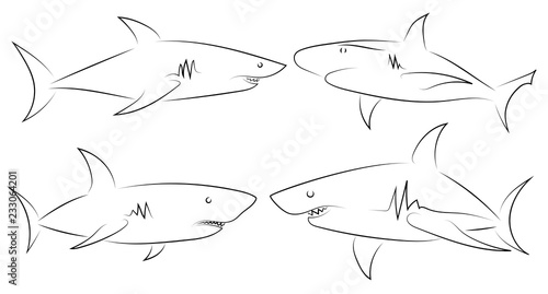 Black line sharks on white background. Hand drawn linear sketch. Vector graphic fishes. Animal illustration. Sketch style.