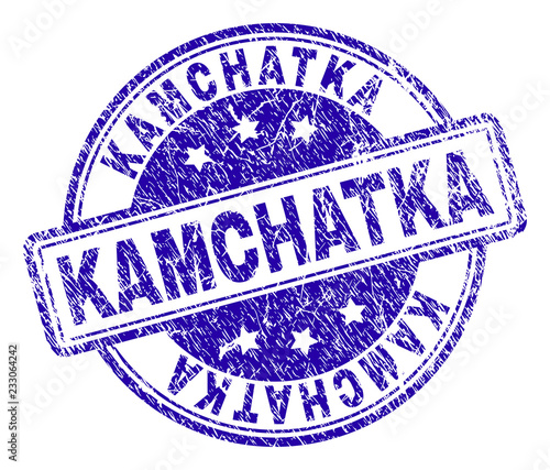 KAMCHATKA stamp seal imprint with grunge style. Designed with rounded rectangles and circles. Blue vector rubber print of KAMCHATKA tag with grunge texture.