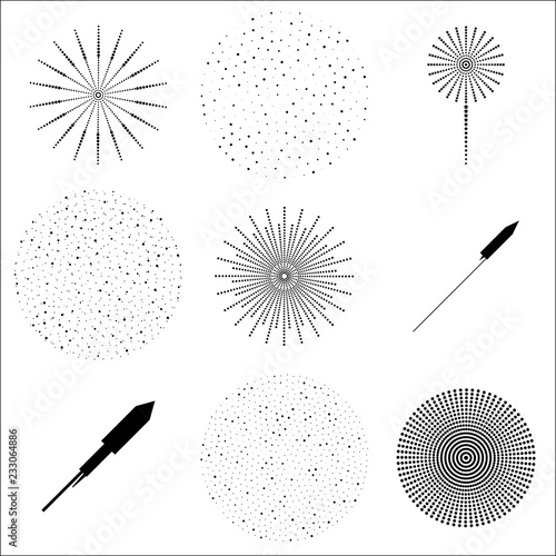Silhouette of fireworks Vector illustration Set of isolated fireworks flashes and rockets on a white background