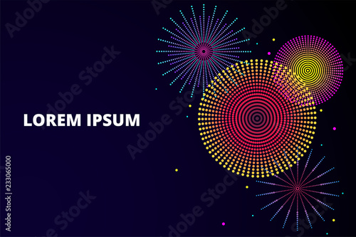 Fireworks composition Vector illustration in flat design Bright colorful fireworks is flashing on dark blue background Design template with copy space