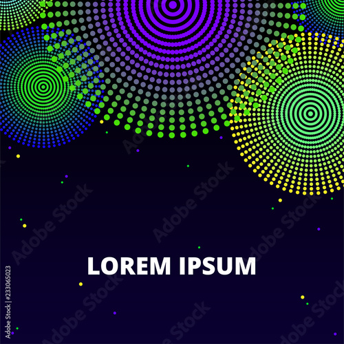 Fireworks composition Vector illustration in flat design Bright colorful fireworks is flashing on dark blue background Design template with copy space