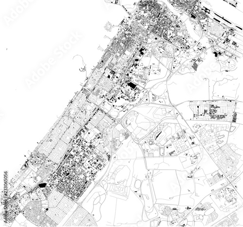 Mappa satellitare di Dubai, Emirati Arabi Uniti, strade della città. Stradario e mappa del centro città