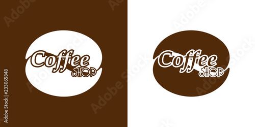 Logotipo abstracto con grano de café y texto Coffee Shop en marrón y blanco