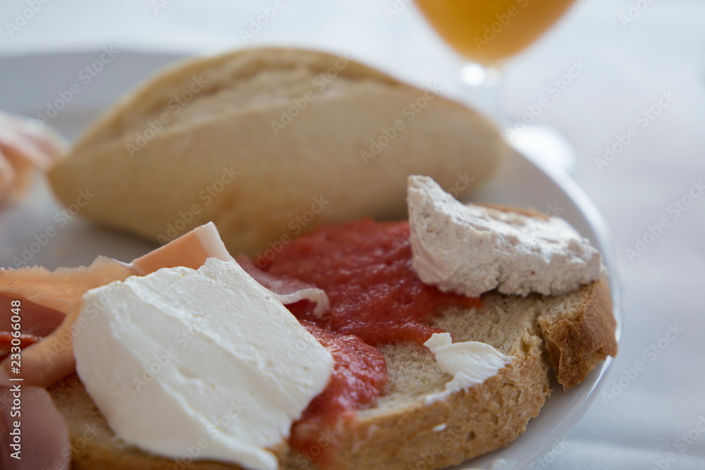Fresh cheese and tomato on bread slice Spain Fresh cheese and tomato on bread slice Spain