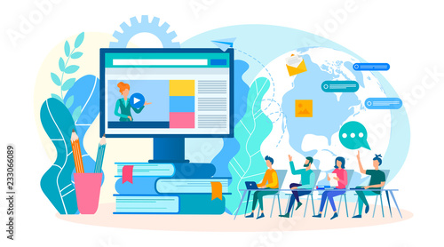 Learning online in a group. Webinar on learning foreign languages. Vector illustration.