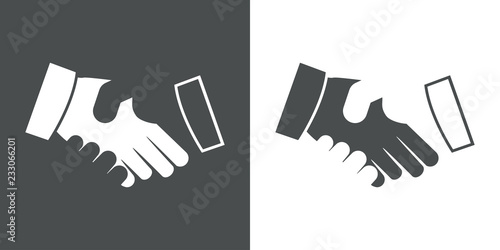 Logotipo apretón de manos espacio negativo en gris y blanco