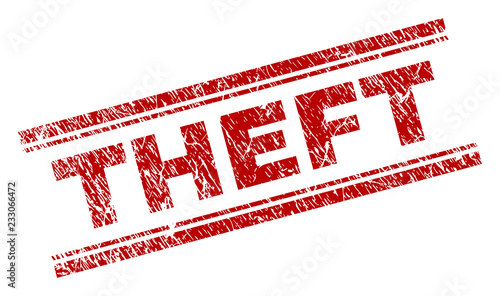 THEFT seal print with grunge texture. Red vector rubber print of THEFT label with scratched texture. Text tag is placed between double parallel lines.