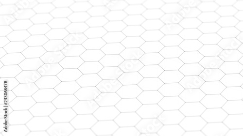 Abstract white futuristic background. Background with hexagons. Connecting dots and lines on white background. 4k rendering.