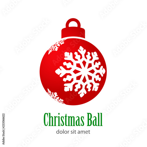 Logotipo con texto Christmas Ball con copo de nieve perspectiva lateral en bola de color rojo
