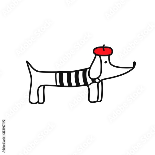 French style dog. Cute cartoon parisian dachshund vector illustration. French style dressed dog with red beret and striped frock.
