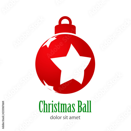Logotipo con texto Christmas Ball con tres estrellas perspectiva en bola de color rojo