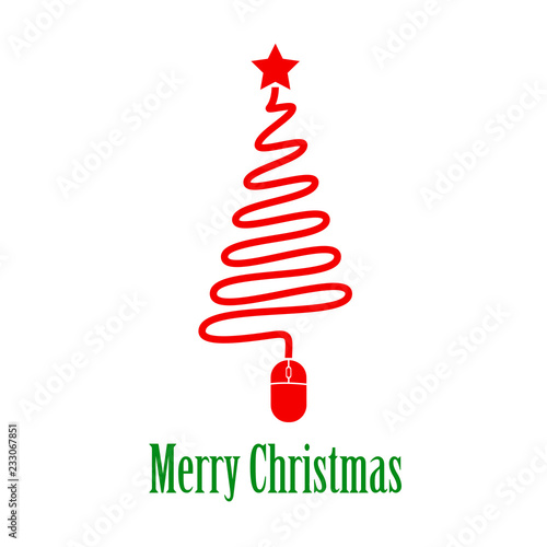 Logotipo con texto Merry Christmas con árbol de navidad abstracto con cable y mouse de ordenador de color rojo