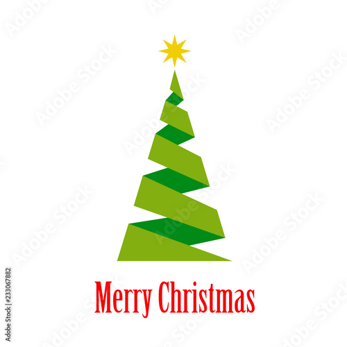 Logotipo con texto Merry Christmas con árbol de navidad abstracto estilo origami