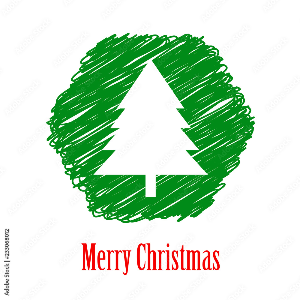 Logotipo con texto Merry Christmas con árbol de navidad espacio negativo en hexágono con garabatos Logotipo con texto Merry Christmas con árbol de navidad espacio negativo en hexágono con garabatos