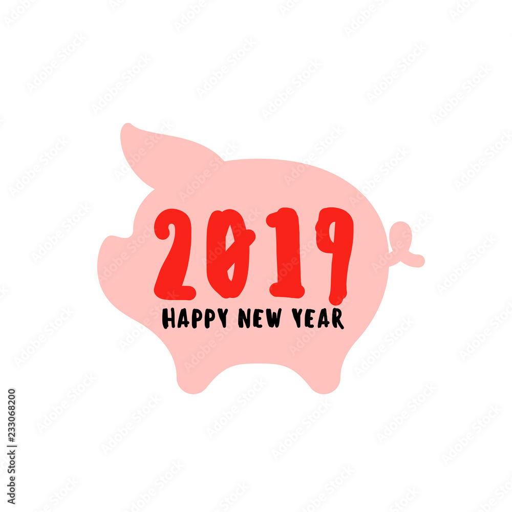Happy Chinese New Year greeting card with pig silhouette and 2019 lettering isolated on white background Happy Chinese New Year greeting card with pig silhouette and 2019 lettering isolated on white background