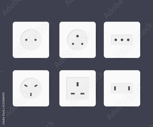 Power socket icon set. World standards for different country plugs. Vector illustration.
