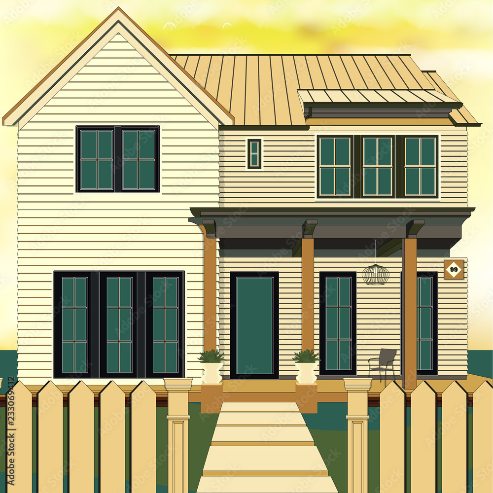 Real estate set with sale houses vector illustration. Family dream home set. Vacation houses in rural area. Advertising design elements. Real estate business concept. Facade apartment house, cottage.