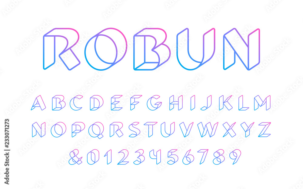 3D linear font. Vector alphabet with latin letters and numbers.