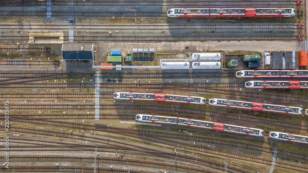 Trains at railroad yard at station district Trains at railroad yard at station district