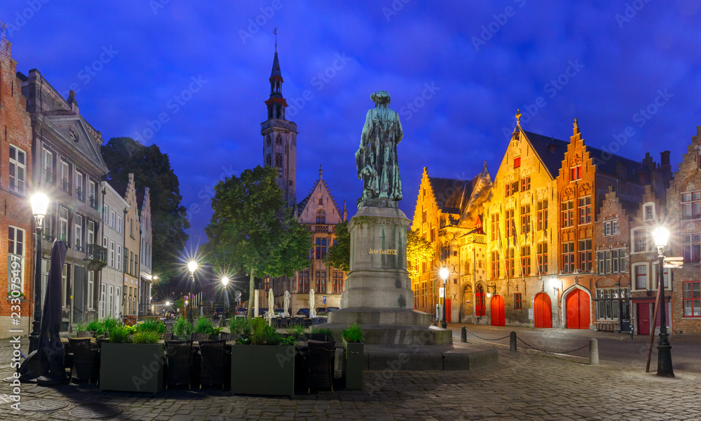 Night Jan Van Eyck Square in Bruges, Belgium