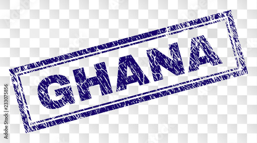 GHANA stamp seal print with grunge style and double framed rectangle shape. Stamp is placed on a transparent background. Blue vector rubber print of GHANA label with unclean texture.