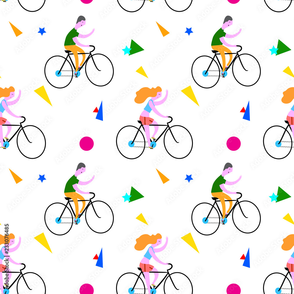 Seamless pattern with boys and girls on bicycle.Vector illustration. Seamless pattern with boys and girls on bicycle.Vector illustration.
