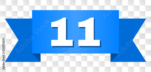 11 text on a ribbon. Designed with white title and blue tape. Vector banner with 11 tag on a transparent background.