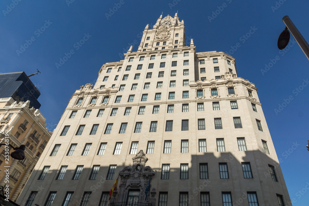 Obraz premium Telefonica Building (Edificio Telefonica) at Gran Vía street in City of Madrid, Spain