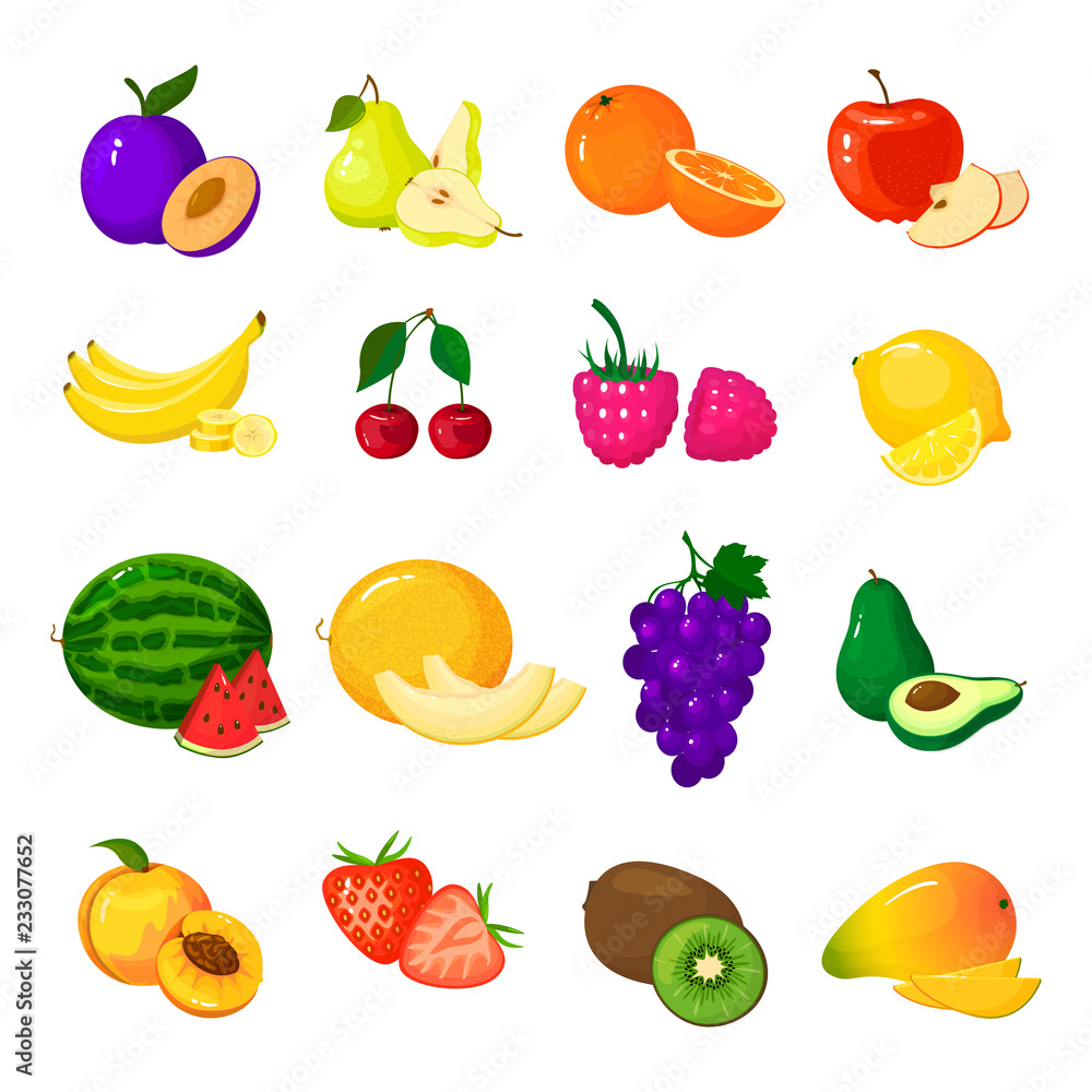 Cartoon fresh fruits isolated icons on white Stock Vector | Adobe Stock