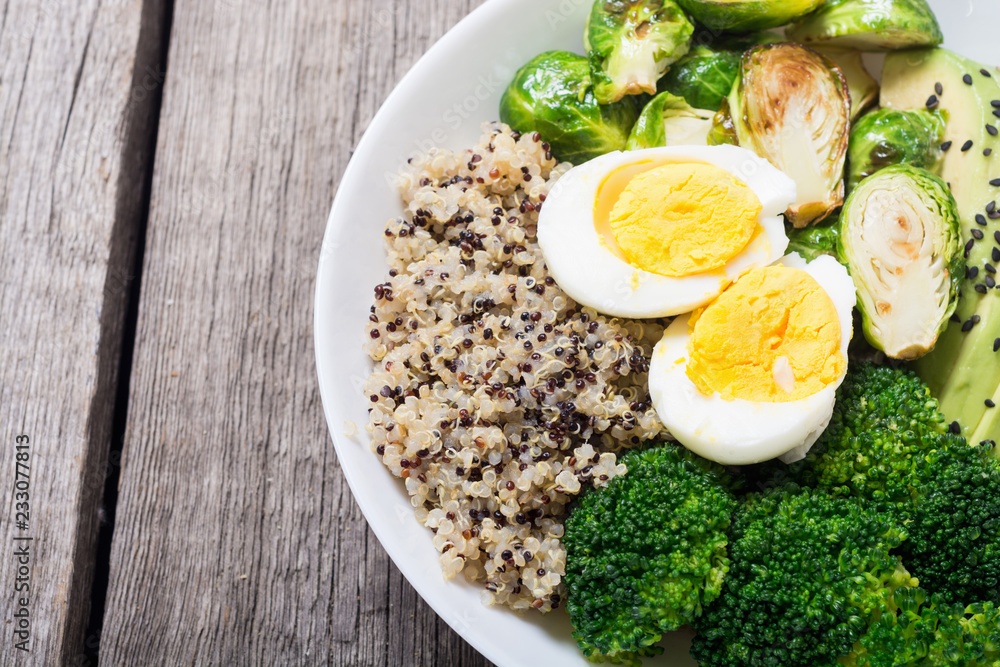 Buddha bowl with quinoa , eggs , avocado , brussels sprouts and broccoli Buddha bowl with quinoa , eggs , avocado , brussels sprouts and broccoli