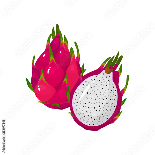 Cartoon fresh Red dragon fruit isolated on white