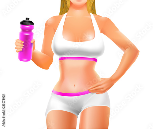 Young woman's body in sport style wear keeps a bottle in her hand. Vector illustration.