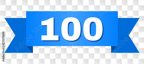 100 text on a ribbon. Designed with white title and blue tape. Vector banner with 100 tag on a transparent background.