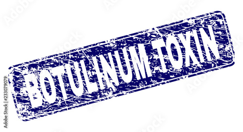 BOTULINUM TOXIN stamp seal print with grunge texture. Seal shape is a rounded rectangle with frame. Blue vector rubber print of BOTULINUM TOXIN label with scratched texture.