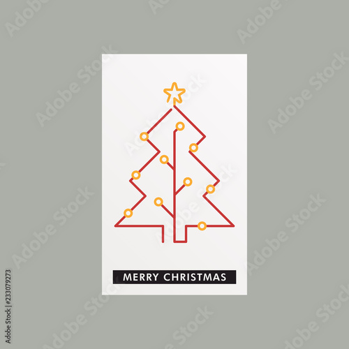 Futuristic technology style one line red christmas three graphic with yellow light bulb sockets. Technology christmas gift card.