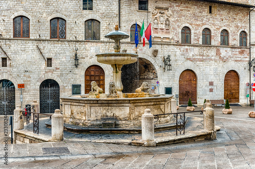 Fountain of three lions, landmark in Assisi, Italy