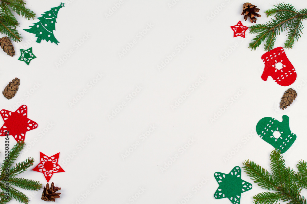 Christmas and New Year border or frame on white background. Winter holidays concept. Greeting template. Top view, flat lay