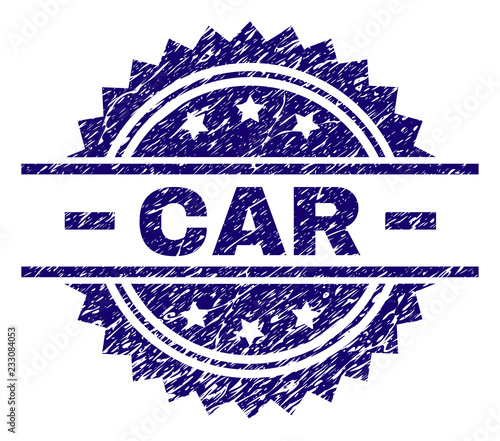 CAR stamp seal watermark with distress style. Blue vector rubber print of CAR text with grunge texture.