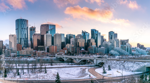 Calgary's skyline on a cool winter evening.